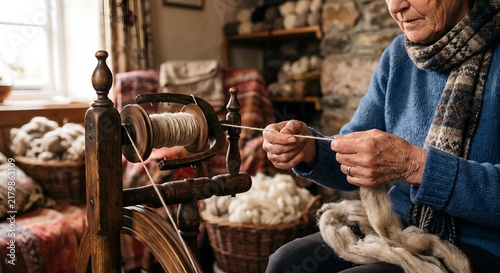 Elderly woman spinning wool while crafting in a cozy living room  