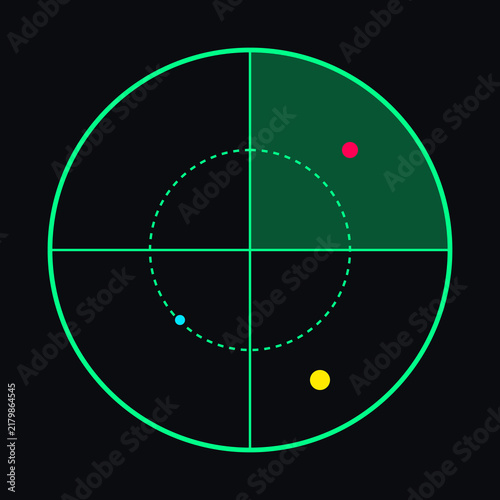 Foto Circular green radar screen interface with sweep and colorful target dots on bla