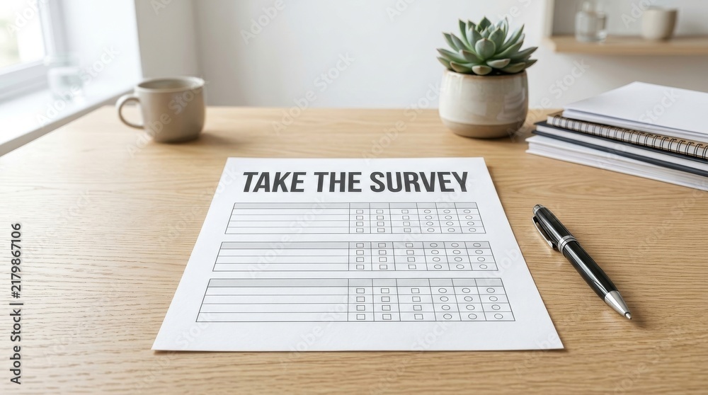 Obraz premium Take the Survey Concept with Questionnaire Form and Office Workspace Representing Market Research Customer Feedback Data Collection and Business Analysis
