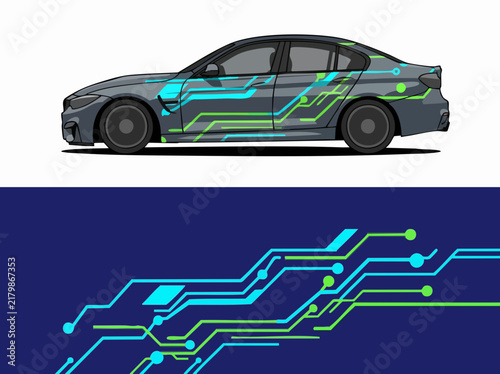 Futuristic car with digital circuit board design wrap