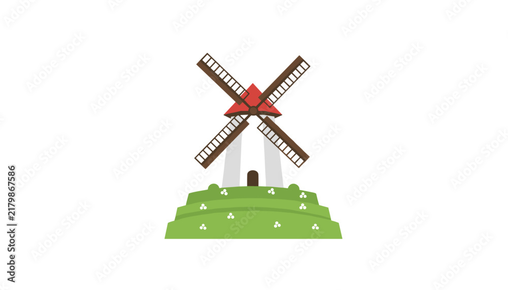 Fototapeta premium Traditional windmill with brown blades standing on a green terraced hill covered in white flowers on a white background.