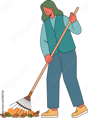 Картината върху платно A humanitarian worker sweeps leaves on a purposeful day