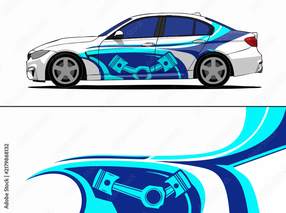Fototapeta premium White car with blue and cyan engine graphics wrap