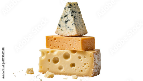 Stack of three cheese wedges including blue cheese, isolated on transparent background
