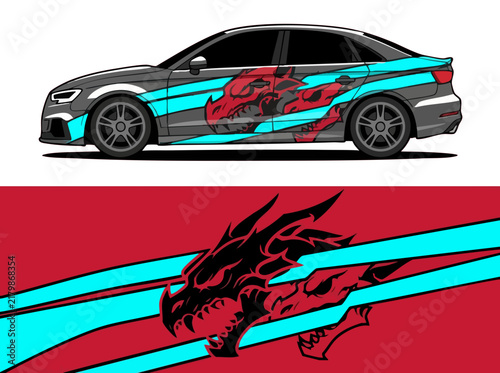 Custom car wrap with dragon design and cyan stripes