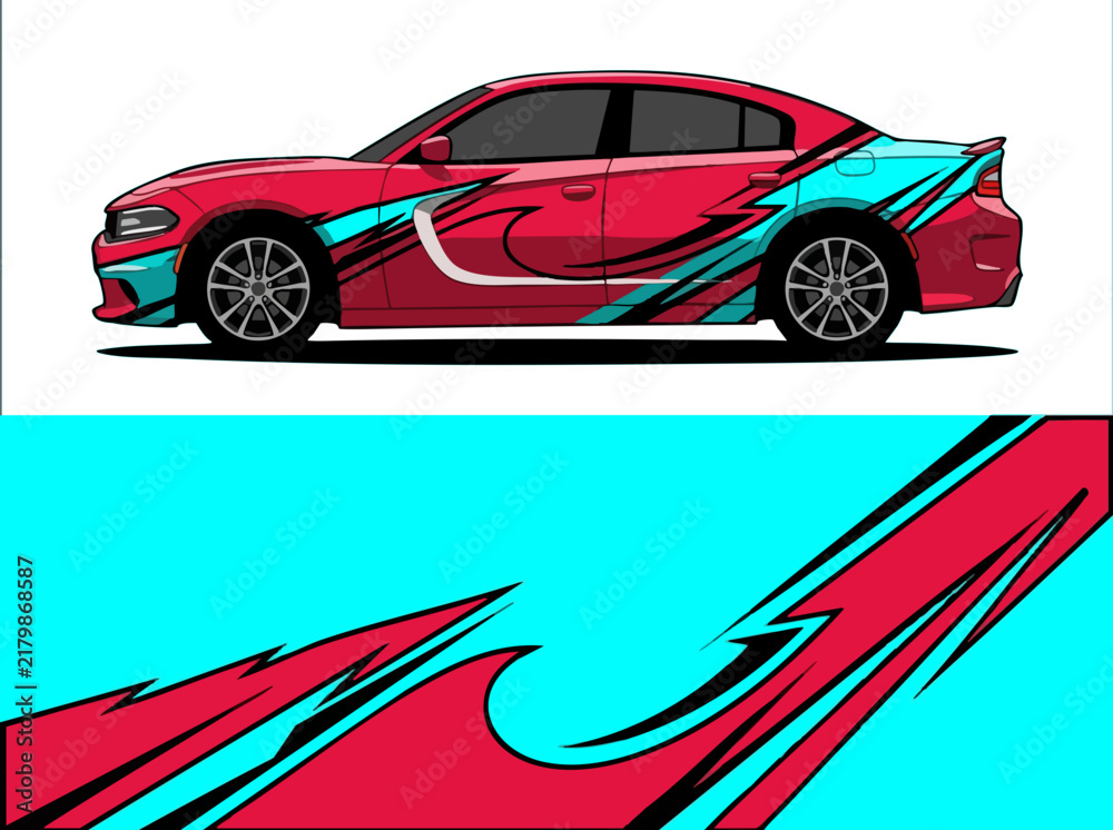 Fototapeta premium Red sports car with dynamic blue and pink design wrap