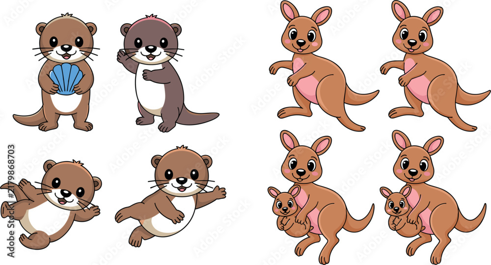 Fototapeta premium Cute Otter and Kangaroo Cartoon Animal Set with Shell, Swimming and Joey Poses, Wildlife Character Vector Illustration Collection