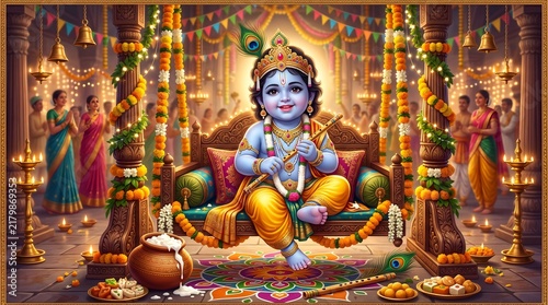 Festive Indian Janmashtami Celebration with Child Deity, Swing and Peacock Feathers