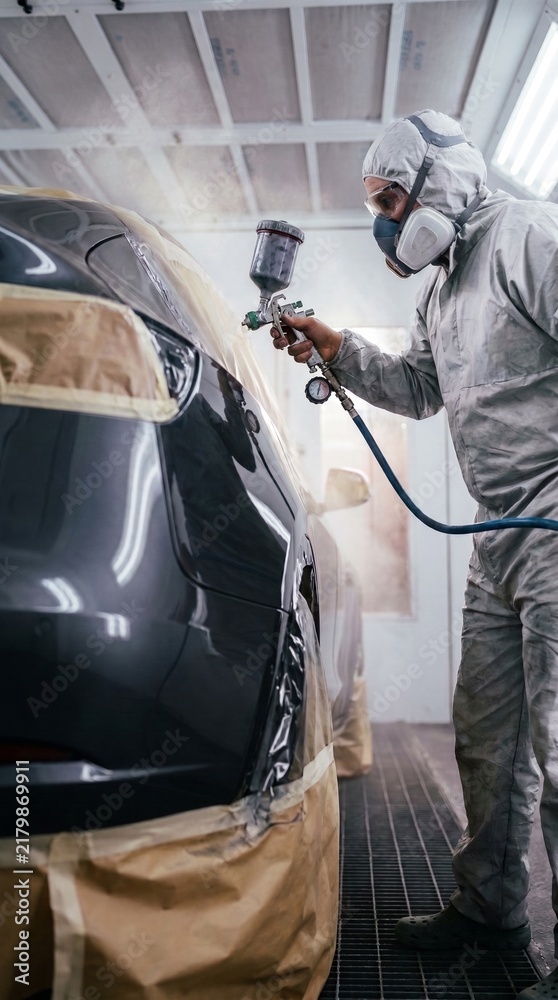Fototapeta premium Professional car painter in protective suit applying paint with spray gun in booth