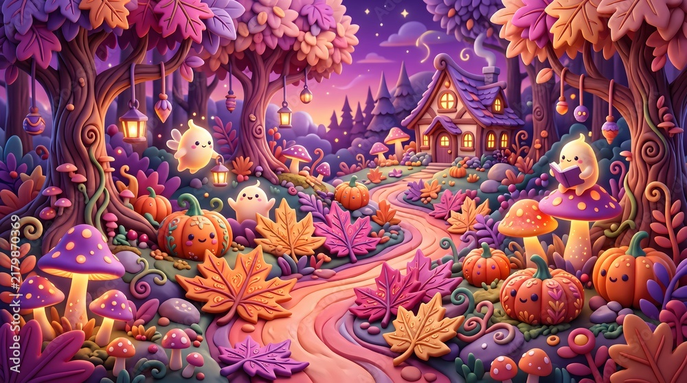 Obraz premium Whimsical Halloween Claymation Forest with Cute Ghosts and Carved Pumpkins