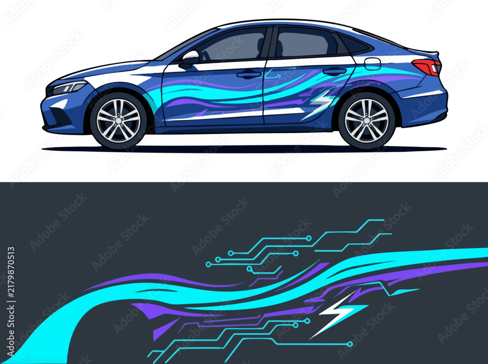 Fototapeta premium Blue car with vibrant digital wave graphics wrap