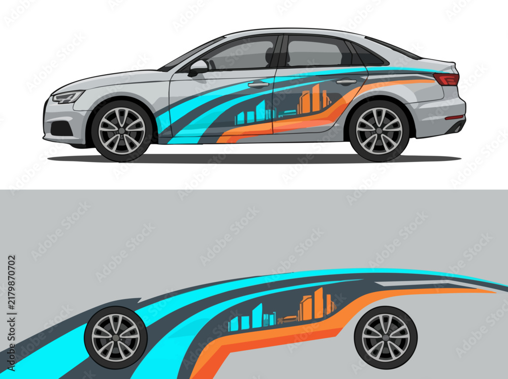 Naklejka premium Silver sedan with vibrant cityscape car wrap design