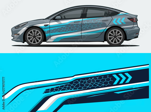 Blue geometric car wrap design on sedan vehicle