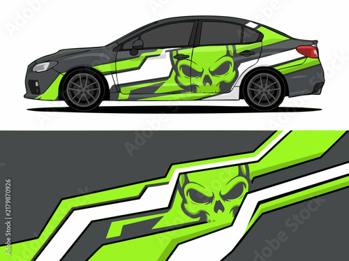 Green skull decal on sporty car wrap design