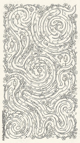 Detailed hand drawn floral labyrinth featuring swirling patterns and ornate design elements