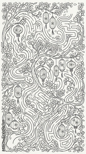 Detailed hand illustrated artwork showcasing lanterns and flowers arranged in a graceful flowing design