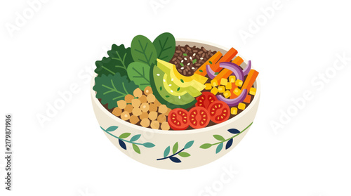 A colorful and nutritious vegan buddha bowl filled with fresh vegetables, avocado, chickpeas, and leafy greens in a patterned ceramic bowl