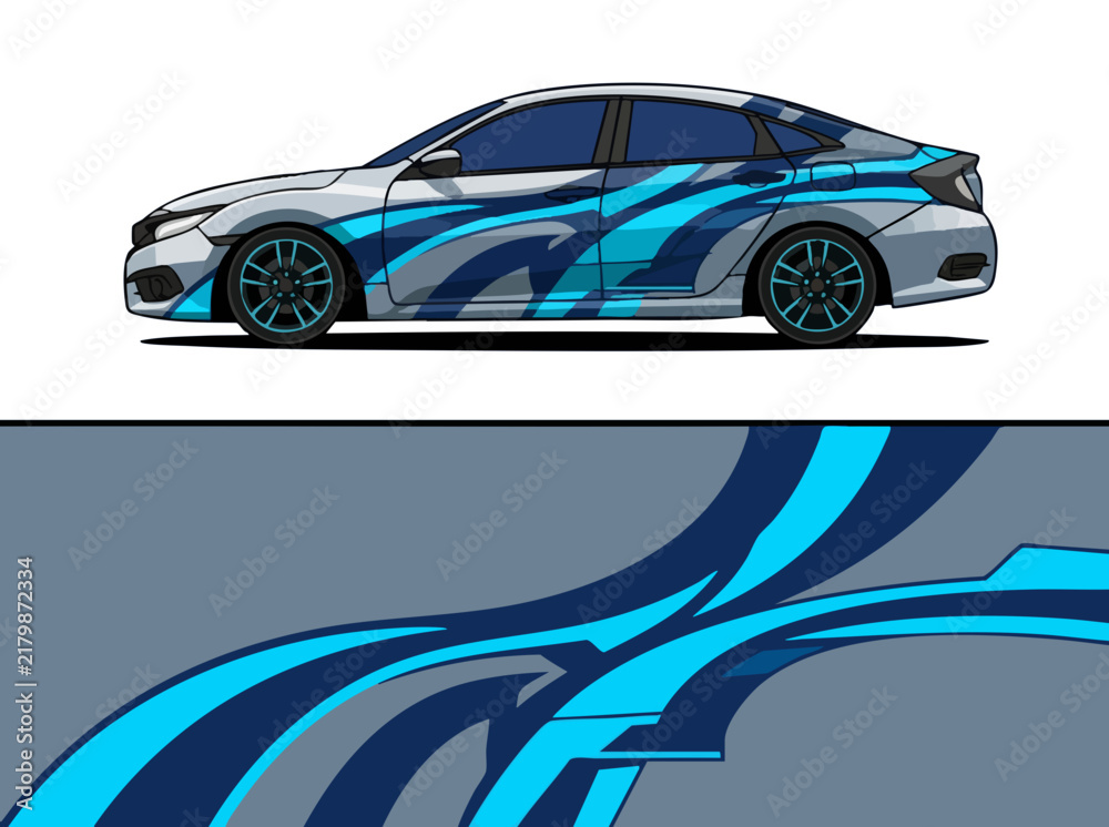 Fototapeta premium Blue and gray sports sedan with dynamic wrap design