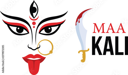 Vector illustration of Hindu Goddess Maa Kali face with traditional sword and typography