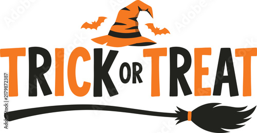 Trick or treat Halloween typography with witch hat, broomstick and bats vector illustration