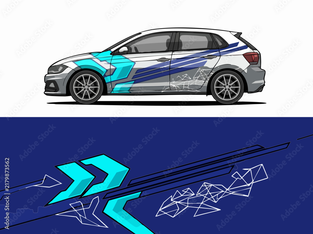 Fototapeta premium Blue and cyan geometric car wrap design illustration
