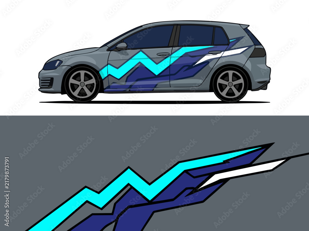 Fototapeta premium Gray hatchback car with geometric mountain decal design