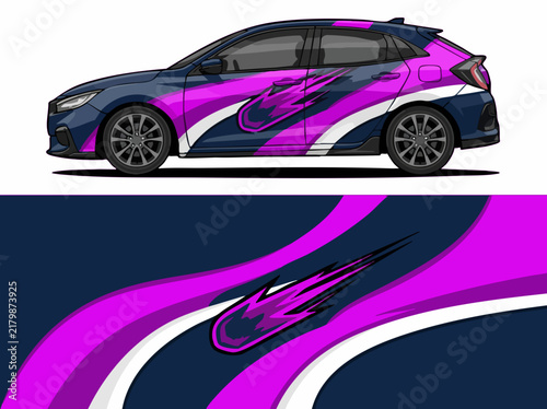 Purple and blue car with dynamic racing decal wrap