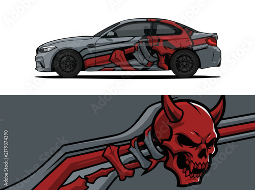 Red Skull Car Wrap Design with Sports Coupe