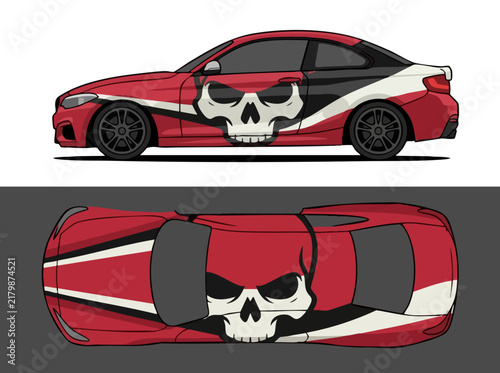 Red sports car with skull wrap design side view
