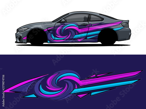 Colorful abstract car wrap with swirling patterns
