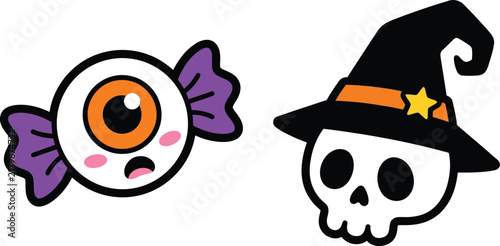 Cute halloween icons featuring an eyeball candy and a skull wearing a witch hat