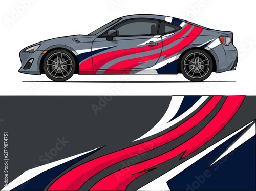Gray Sports Car with Dynamic Red and Blue Stripes