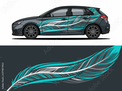 Gray car with colorful feather design wrap artwork