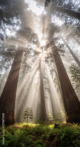 Majestic giant redwood trees with magical morning sunbeams piercing through thick fog to a lush green fern forest floor. Ethereal atmospheric woodland landscape in a serene nature setting.