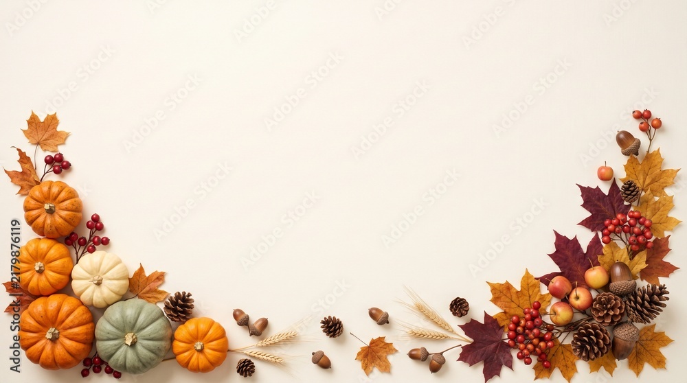Fototapeta premium Autumn harvest border with colorful pumpkins fall leaves and seasonal berries creating a beautiful thanksgiving frame for greeting cards and seasonal celebration designs