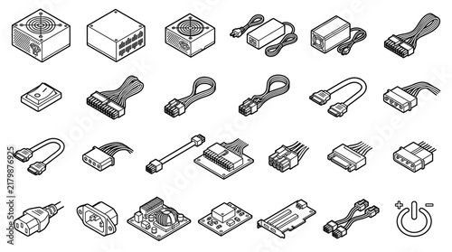 Power supply units and computer cables line art icons