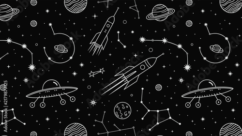 Black and white seamless pattern of outer space featuring rockets, UFOs, stars, planets, and constellations in doodle style.