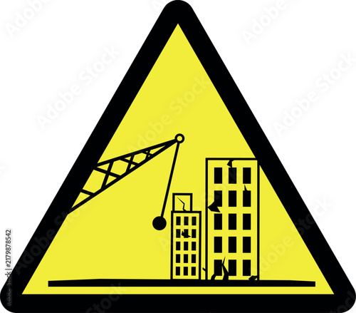 Demolition area hazard warning sign. Red triangle background. Caution signs and symbols.
