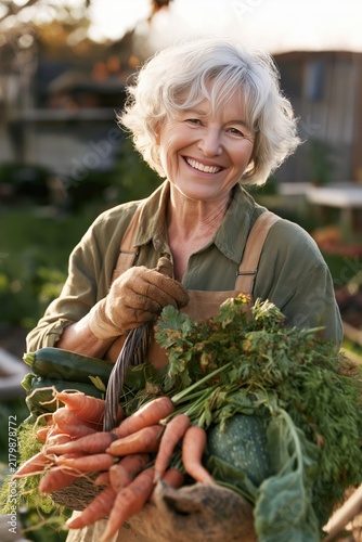 Senior woman with gray hair wearing gloves holds a basket of freshly harvested vegetables including carrots, zucchini, and greens in a garden setting during daylight