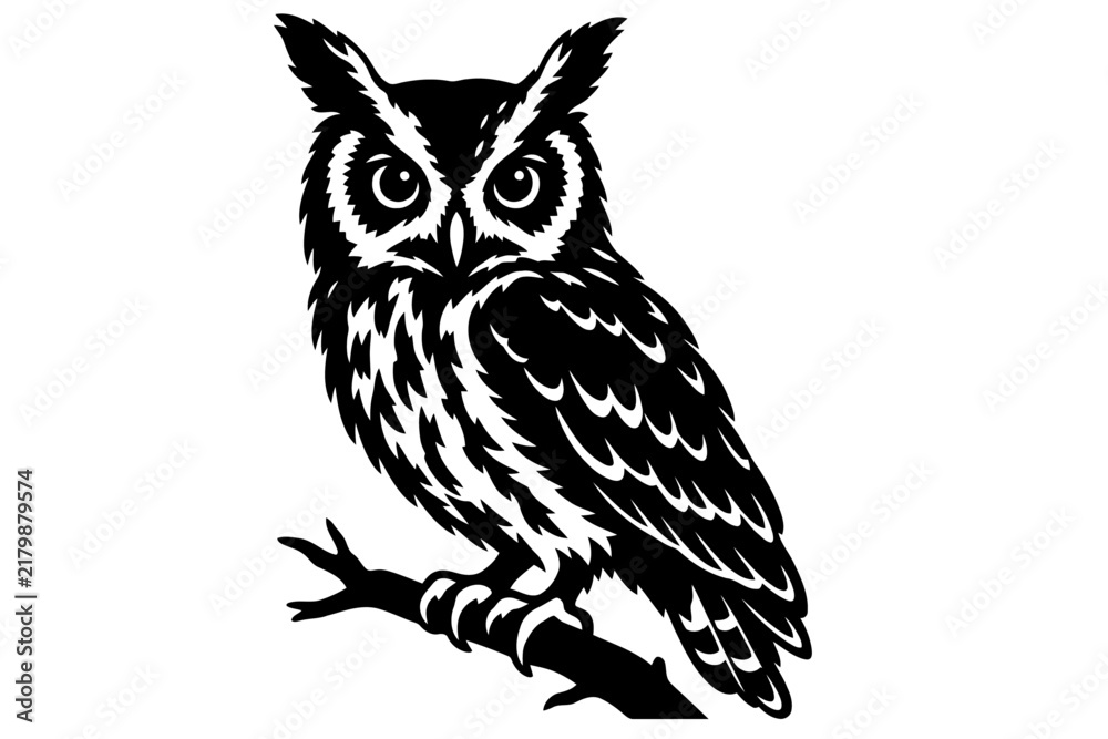 Obraz premium Owl vector illustration, black and white wild bird perched on a branch graphic design