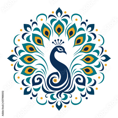 Elegant Peacock Logo Design with Ornate Floral Feathers and Circular Mandala Pattern.