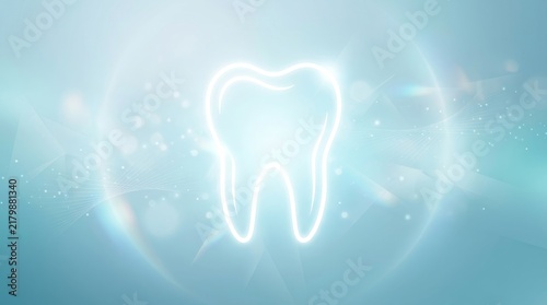 A glowing tooth outline rests on a soft blue abstract background.