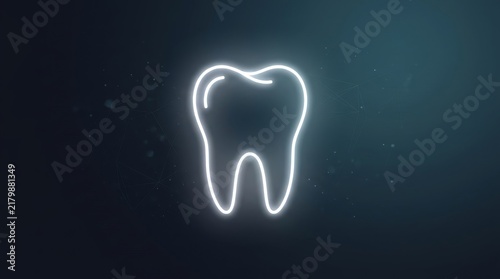 A glowing neon tooth outline floats over a dark digital background.