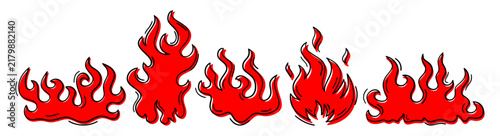 Hand drawn vector red flame stickers and burning fire cartoon graphics for comic book banners,and spicy food packaging.