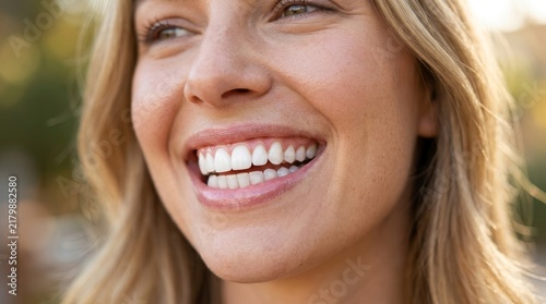A close up of a smiling woman outdoors with bright white teeth.