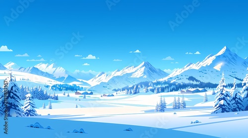 Tapety artystyczne 青空の下に広がる雪山とスキーリゾートの雪原、フラットイラストの冬景色
