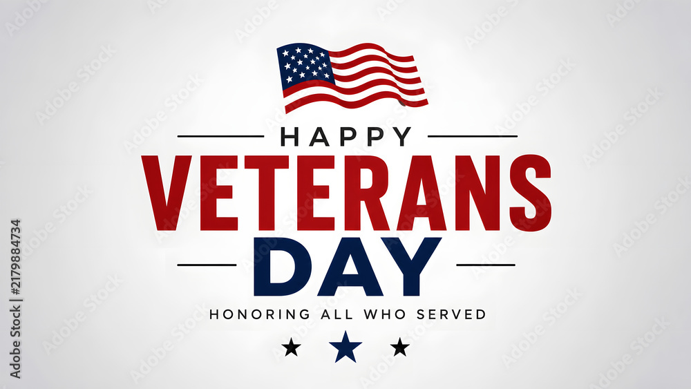 Fototapeta premium Happy veterans day greeting card design with an american flag and patriotic typography on a light background
