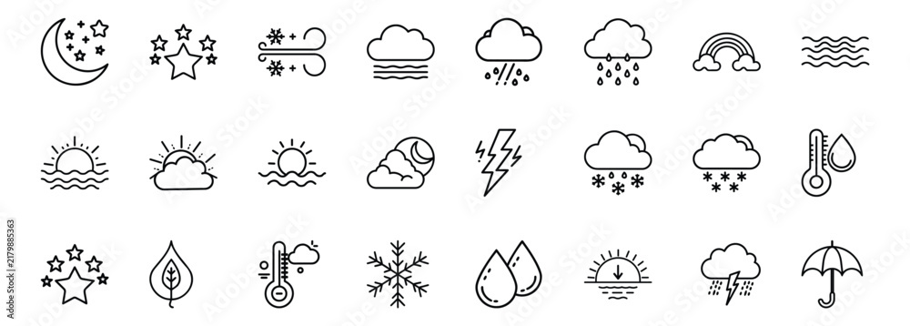 Obraz premium Weather outline set cloud, rain, sun, lightning & more vector illustration