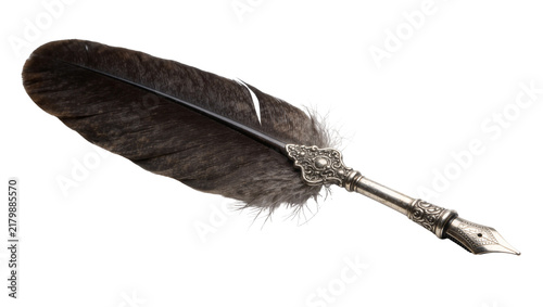 Canvas Print Ornate silver quill pen with dark feather, isolated on transparent background