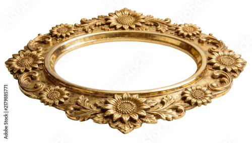 Photography Ornate golden oval frame with sunflower motifs, isolated on transparent backgrou